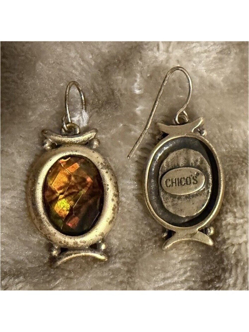 Chico's Signed Silver Tone Oval Multicolor Bezel Drop Earrings French Wire